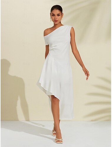  Women's White Asymmetric One Shoulder Dress