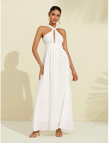  Women's Chiffon White Halter Elegant Maxi Dress