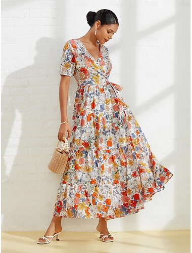  Cotton Floral Crossover Collar Maxi Dress