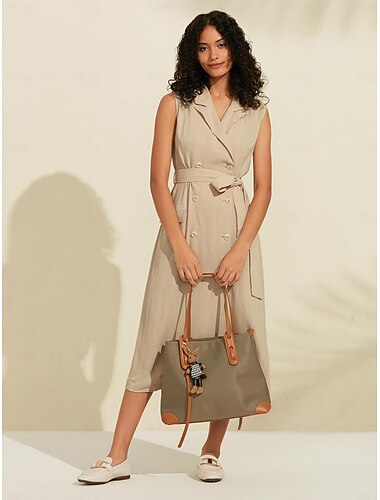  Women's Linen Blend Shirt Dress Khaki Sleeveless Pocket Belted Midi Dress Elegant Office Casual Spring Summer