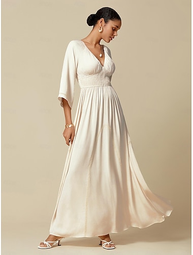  Women's Wedding Guest Maxi Dress White Smocked Waist V-Neck 3/4 Sleeve Formal Elegant Dress
