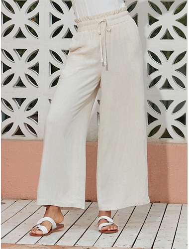  Pantalones largos rectos con cordón beige de lino y rayón transpirable para mujer con bolsillos
