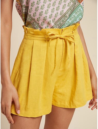  Vestido amarillo de lino para mujer, pantalones cortos plisados con doble cinturón