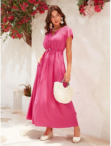  Vestido largo plisado de lino y algodón para mujer, vestido rosa rojo con botones y lazo en la cintura