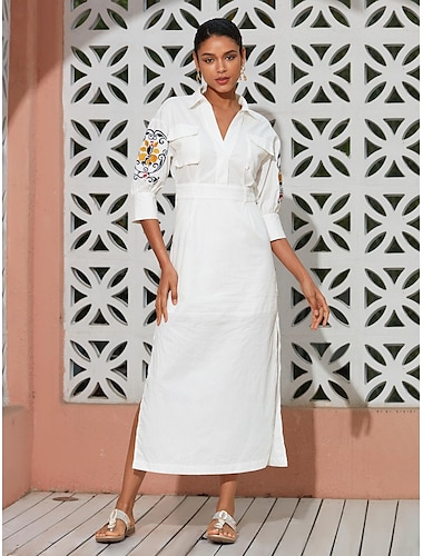  Cotton Embroidered National Totem Midi Dress