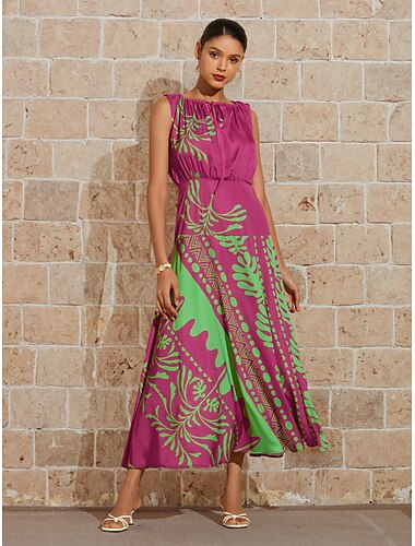  Satin Floral Sleeveless Maxi Dress(Belt Included）
