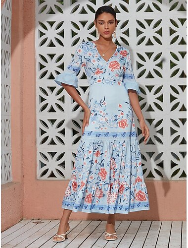  Damen Kleid drucken Resort-Kleidung Satin-Maxi Maxikleid Blau Halbe Ärmel Blumen Print Sommer V Ausschnitt Urlaub XS S M