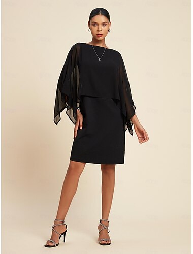  Damen Chiffon schwarzes Kleid reine Farbe lose Cape Minikleid figurbetontes Bleistiftkleid