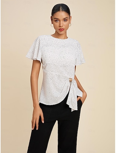  Camisa de manga ondulada fruncida asimétrica blanca de metal con lunares para mujer