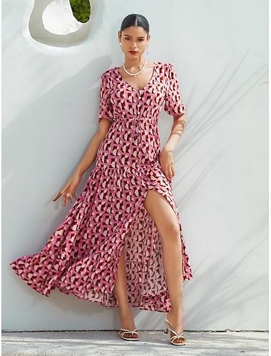  Mulheres Roupas de resort Vestido Longo Vestido Maxi Rosa Manga Curta Geométrico Com Cordão Primavera Verão Decote V férias na praia XS S M