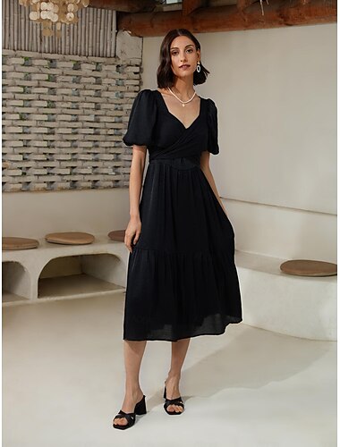  Vestido negro de fibra de bambú para mujer vestido midi con escote en forma de corazón cruzado brillante y mangas abullonadas