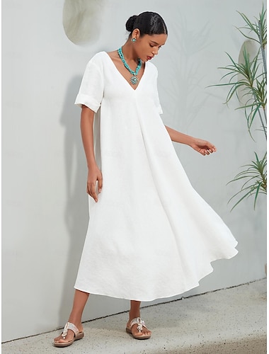  Women's Linen Blend White V Neck A Line Maxi Dress