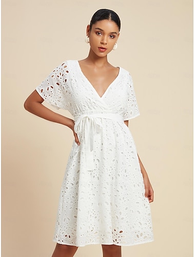  kvinners 100% bomull hvit kjole floral en linje v-hals mini kjole med belte