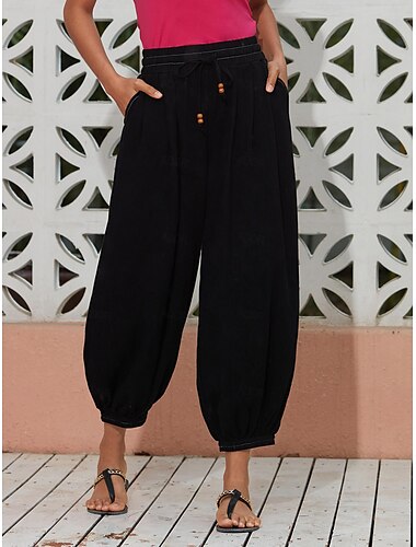  Pantalones dhoti con cordón ajustable, plisados, sueltos, de lino, negros, para mujer, con bolsillos