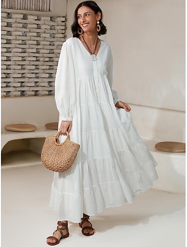  Robe blanche en lin et coton mélangé pour femmes, bouton, col en v, couleur unie, style boho, maxi