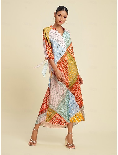  fargerikt silkeskjerftrykt maxi-kjole med knyteermer