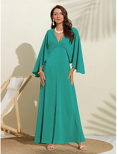  Damen-Hochzeitsgastkleid, Maxi, grün, V-Ausschnitt, Fledermausärmel, Cape-Design
