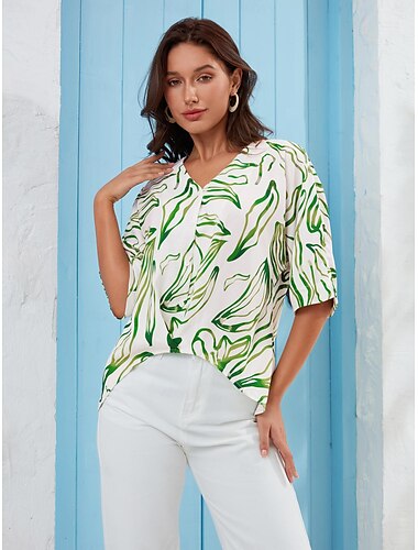 Satin Graphic Leaves Print Casual Shirt