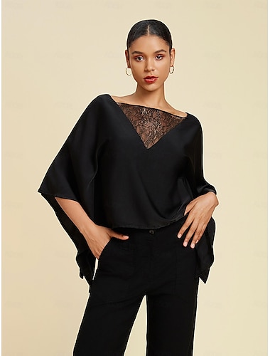  Women's Satin Lace Black Paneled See Through Cape Top