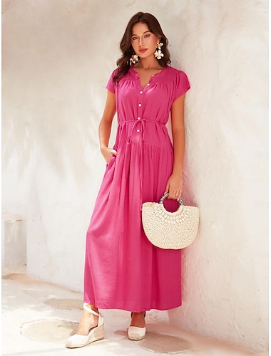  Robe longue plissée en coton et lin pour femmes, rose, rouge, boutonnée, cravate à la taille, col