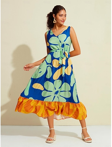  Damen Midi-Kleid Midikleid Blau Ärmellos Blumenmuster Mit Gürtel Frühling Sommer V Ausschnitt Muster-Kleid S M L