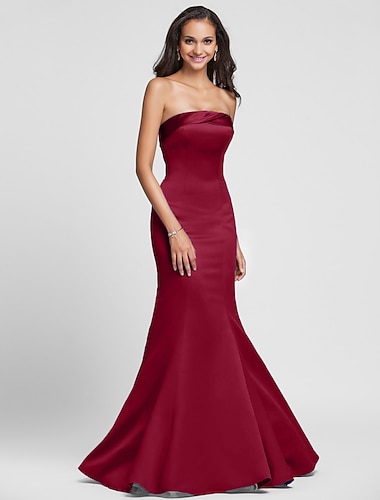 Mermaid / Trumpet Strapless Floor Length Satin Bridesmaid Dress with Side Draping