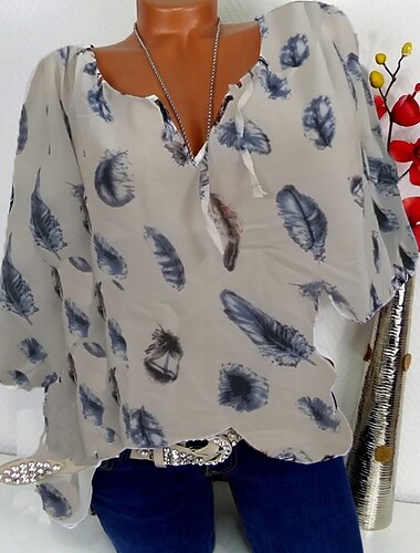 Women's Plus Size Blouse Shirt Pattern Geometric Print V Neck Tops Basic Top White Black Blue