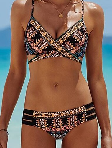 Women's Swimwear Bikini Normal Swimsuit Print Geometric Black Wrap Strap Bathing Suits Boho / Padded Bras / Sexy