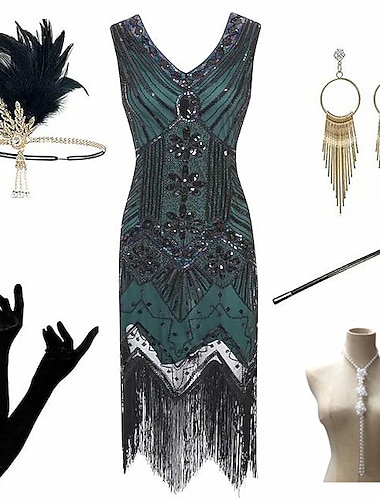 Roaring 20s 1920s Knee Length Dress Flapper Dress Outfits Sleeveless The Great Gatsby Charleston Plus Size Tassel Fringe Feather V Neck Fancy Dress Women's Carnival New Year Masquerade Evening Party