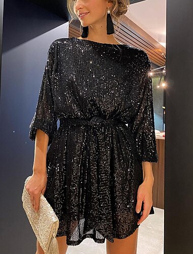 Women's Black Sequin Dress Party Dress Sparkly Dress Little Black Dress Sexy Dress Black Dress Homecoming Dress Shift Dress Mini Dress White Champagne 3/4 Length