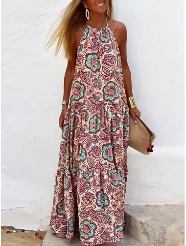 Dame Maxikjole Uformell kjole Sommerkjole Boho-kjole Halter Neck kjole Bohem Mote Gatemote utendørs Daglig Ferie Normal Blomstret Ermeløs Grimehals Rød Sommer Vår