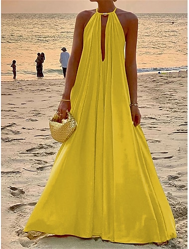 Women's Casual Dress Swing Dress Summer Dress Long Dress Maxi Dress Streetwear Casual Pure Color Ruched Outdoor Daily Holiday Halter Sleeveless Dress Slim Yellow Green Summer Spring S M L XL