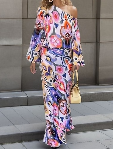 Mujer Conjunto de vestido Vestido informal Vestido tubo Vestido Estampado Moda Ropa de calle Graphic Abstracto Estampado Vestido maxi Manga Larga Un Hombro Diario Exterior Rojo Azul Real Azul cielo