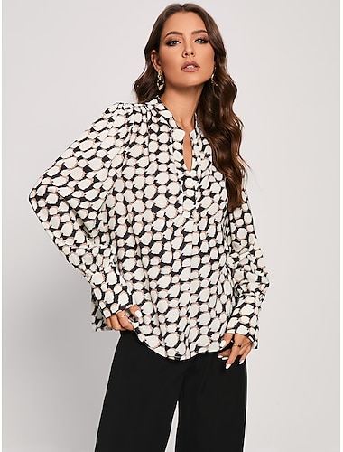  Damen Hemd Bluse Geometrisch Arbeit Reise) Taegliche Routine Weiss Bedruckt Langarm Modisch Einfacher Modestil Kommerzieller Stil V Ausschnitt Regular Fit Herbst Winter Fruehling und Sommer