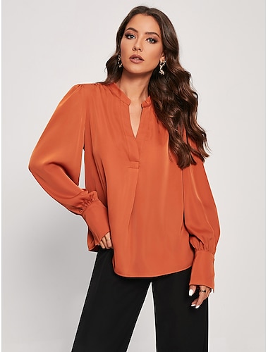  blusa de camisa de botao de cetim com decote em V