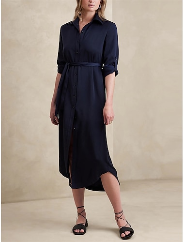 Satin Lace Up Button Casual Midi Shirt Dress