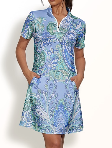 Women's Golf Dress Dark Navy Light Blue Short Sleeve Sun Protection Dress Paisley Ladies Golf Attire Clothes Outfits Wear Apparel