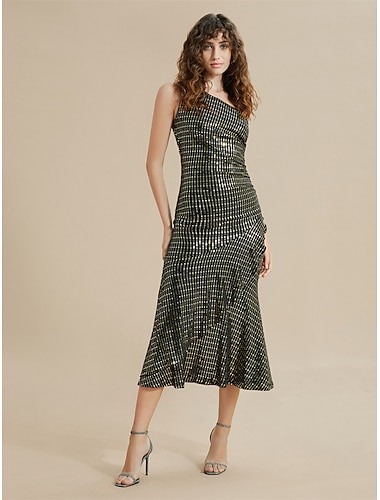  robe midi asymetrique a volants et rayures a sequins