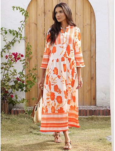 Women's Holiday Dress Loose Satin Maxi Maxi Dress Orange 3/4-Length Sleeve flowers and plants Flower / Plants Printing Spring Spring and Summer Stand Collar V Neck Dresses Vacation Dress Vacation