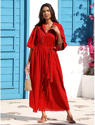 Women's Linen Cotton Shirt Maxi Dress Red Casual Collared Button-Down Loose Fit Puff Sleeve Belted