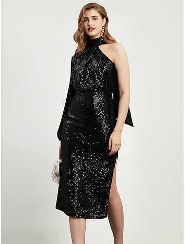  Robe mi-longue fendue a paillettes en velours noir a une epaule pour invite de fete/mariage, robe pour impressionner 2024