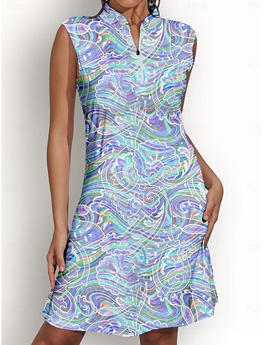 Women's Golf Dress Blue Sleeveless Paisley Ladies Golf Attire Clothes Outfits Wear Apparel