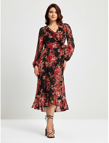 Chiffon Floral Print Adjustable Waist Maxi Dress