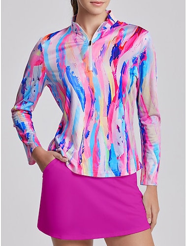 Women's Golf Polo Shirt Blue Long Sleeve Sun Protection Top Tie Dye Fall Winter Ladies Golf Attire Clothes Outfits Wear Apparel