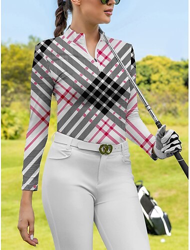 Women's Golf Polo Shirt Red Long Sleeve Sun Protection Top Plaid Fall Winter Ladies Golf Attire Clothes Outfits Wear Apparel