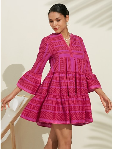 Women's Casual Dress Summer Dress Pink Dress Pink 3/4-Length Sleeve Geometic Striped Pattern 100% Cotton Ruffle Flounced Loose Spring & Summer Spring and Summer Boho Valentine's Day Simple fashion