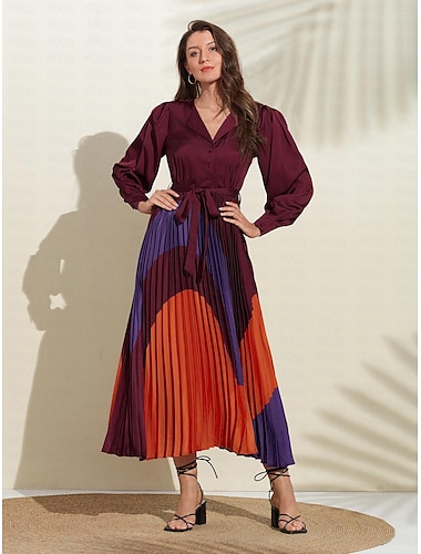 Women's Satin Dress Hem Maxi Purple Long Sleeve Geometic Button Tie Belt Spring V Neck Maxi Dress S M L