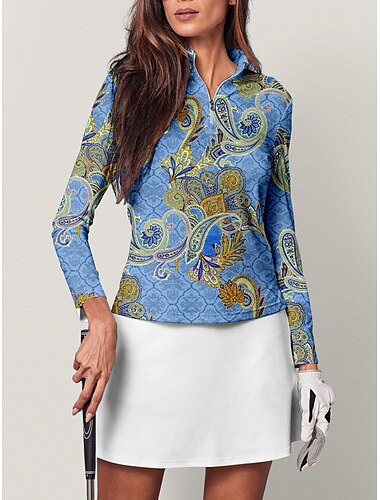  Women\'s Golf Polo Shirt Blue Long Sleeve Sun Protection Top Paisley Fall Winter Ladies Golf Attire Clothes Outfits Wear Apparel