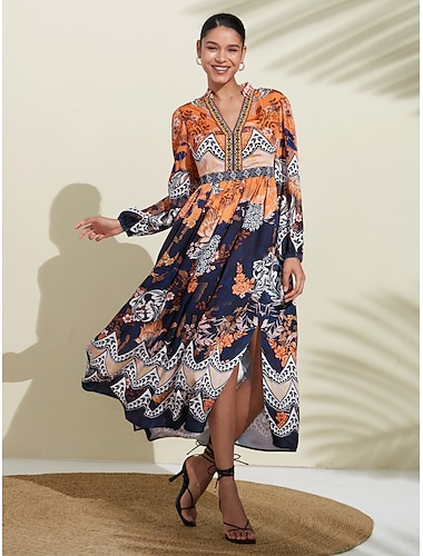 V Neck Print Maxi Wedding Guest Dress