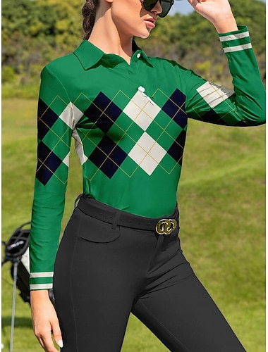  Women\'s Golf Polo Shirt Plaid Green Long Sleeve Sun Protection UPF 50 Top for Ladies Golf Attire